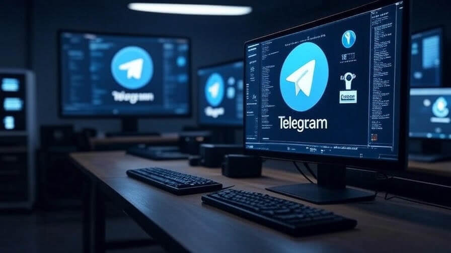 Telegram abierto en un muro de monitores mostrando la sincronización simultánea