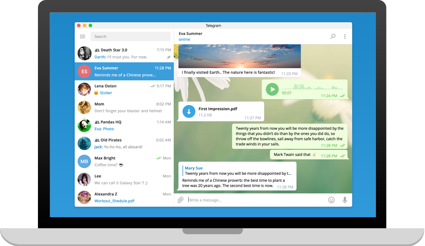 Telegram Desktop abierto en Windows con lista de chats, mensajes y multimedia